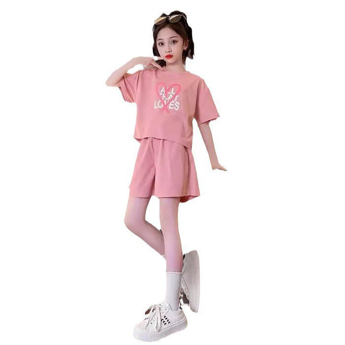 Girls' summer outfit set : stylish kids' active shorts, trendy two-piece set for girls (mid-to-large size)