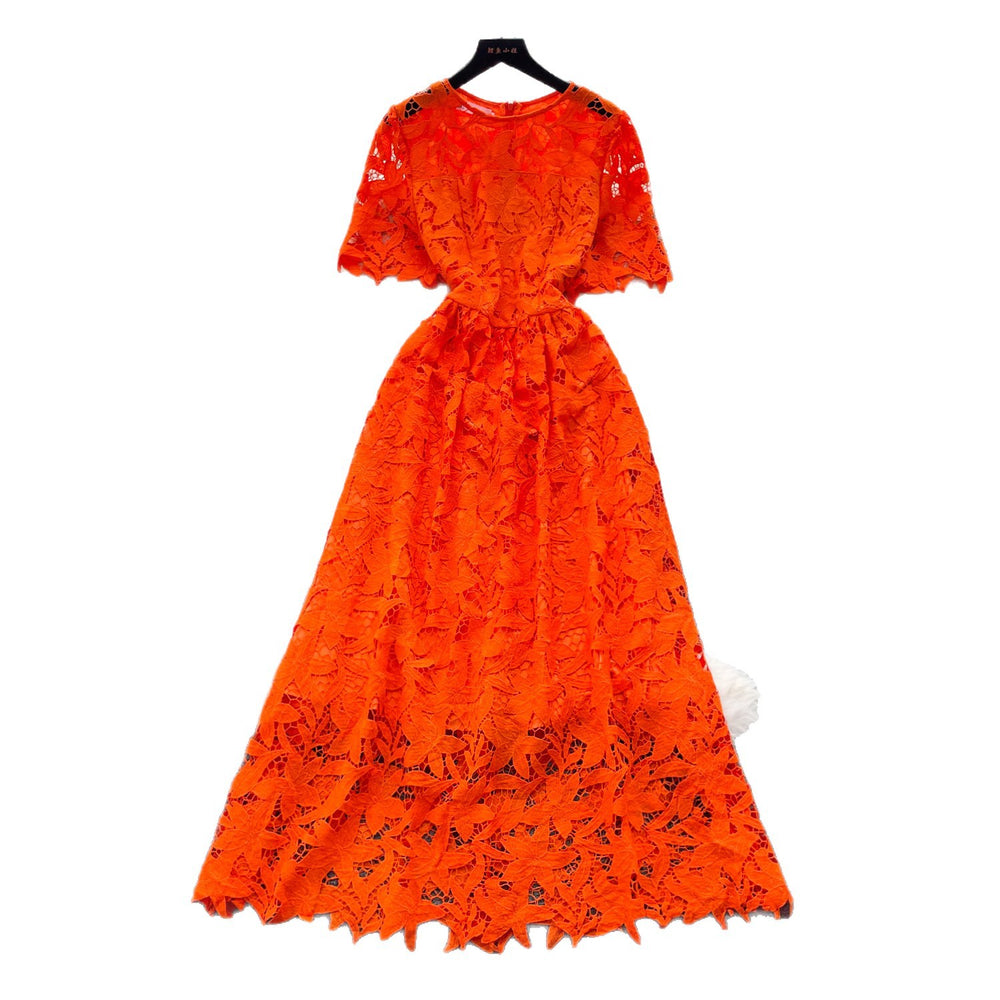 French style heavy lace cutout short sleeve dress - women's summer slimming a-line midi dress - elegant workwear