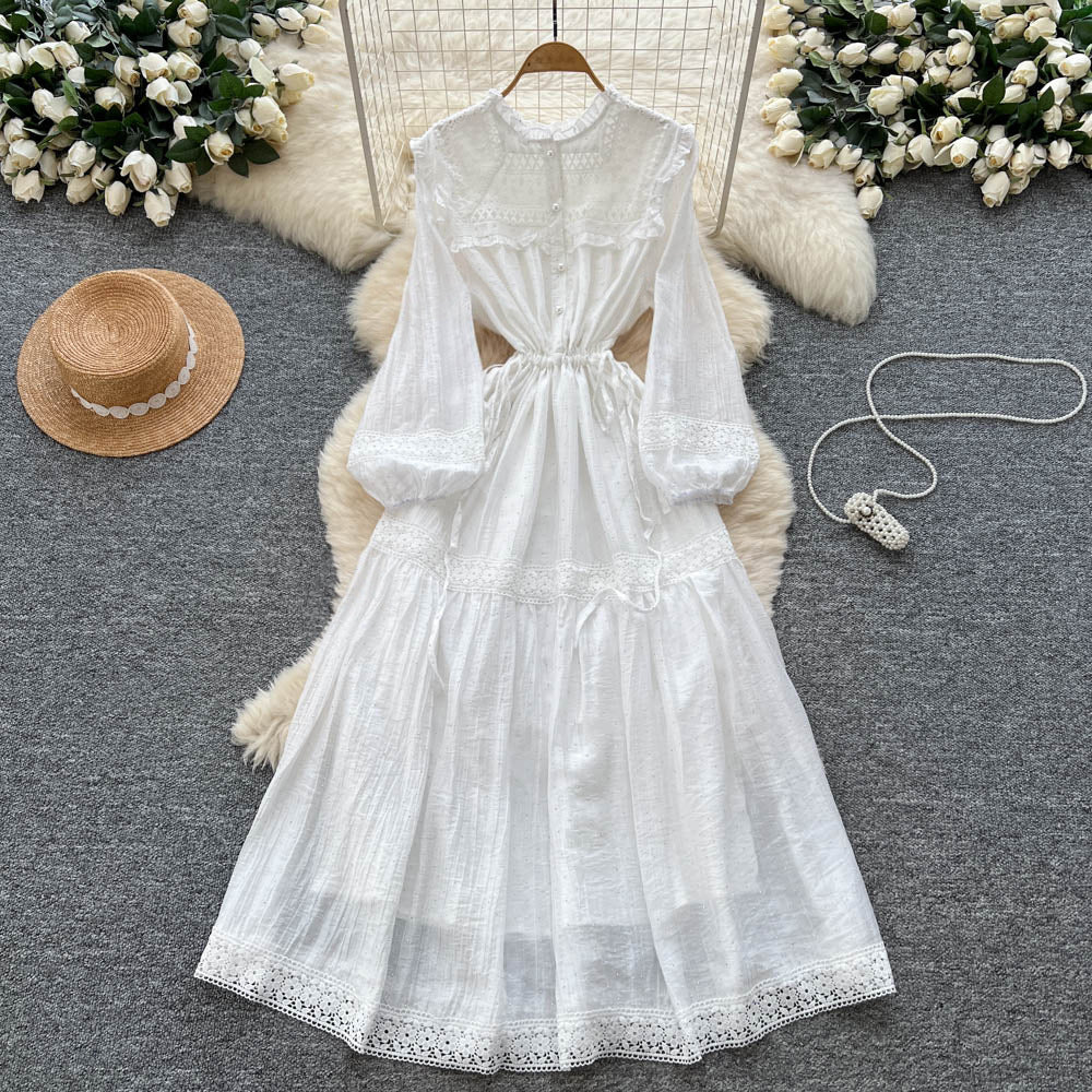 Autumn women's new dress : court-style lace patchwork, tie-waist, rhinestone embellished, flared french maxi dress