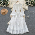 Autumn women's new dress : court-style lace patchwork, tie-waist, rhinestone embellished, flared french maxi dress