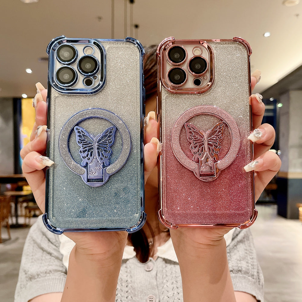 New 17 apple 16 butterfly glitter stand magnetic phone case, four-corner drop protection iphone 15 cover, compatible with iphone 13