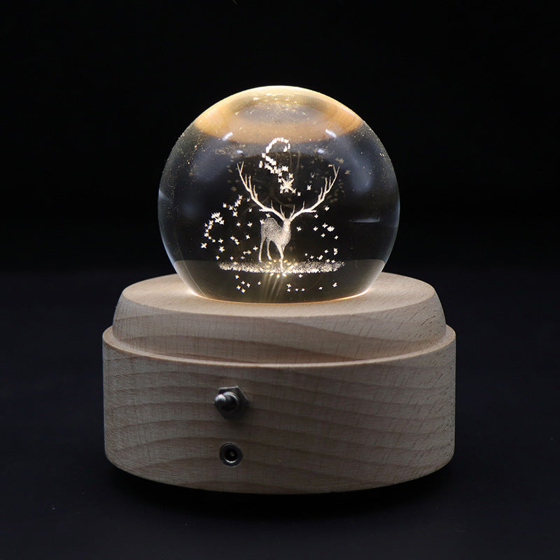 ins girl bedside lamp music box crystal ball wooden base music box charging luminous rotating music box