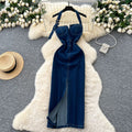 Goddess style sexy halterneck dress women's  summer clever slit waist tube top denim hip skirt
