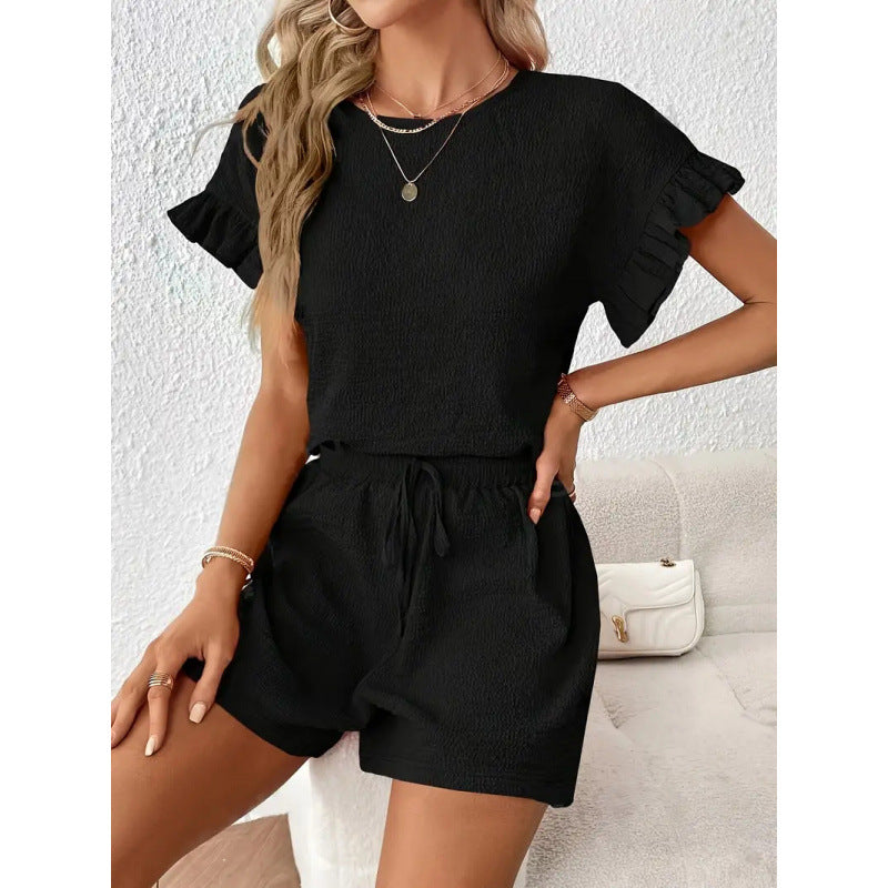 European and american cross-border independent station  solid color summer and spring casual two-piece set: top and shorts