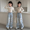 Girls' spring new casual versatile jeans  jacquard wide-leg jeans - stylish and trendy for girls
