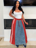 autumn new arrivals: european and american style women's fashion casual striped a-line loose denim color block midi skirt