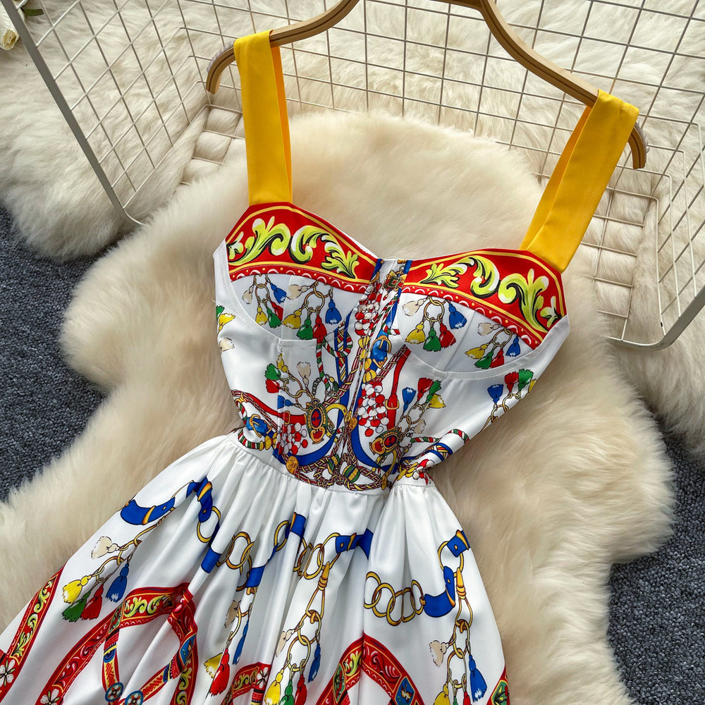 Vacation style carriage printing suspender dress women's summer sleeveless high waist silmelegant mid-length skirt french