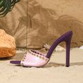 Luxury-style purple studded heeled mules - women's summer pointed-toe stiletto fashion slippers