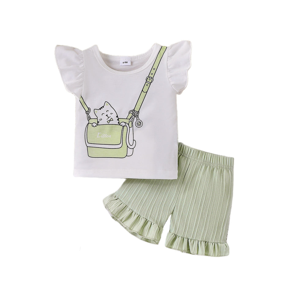 Children's clothing  fashion children's clothing kitten pattern white t-shirt + green shorts for women