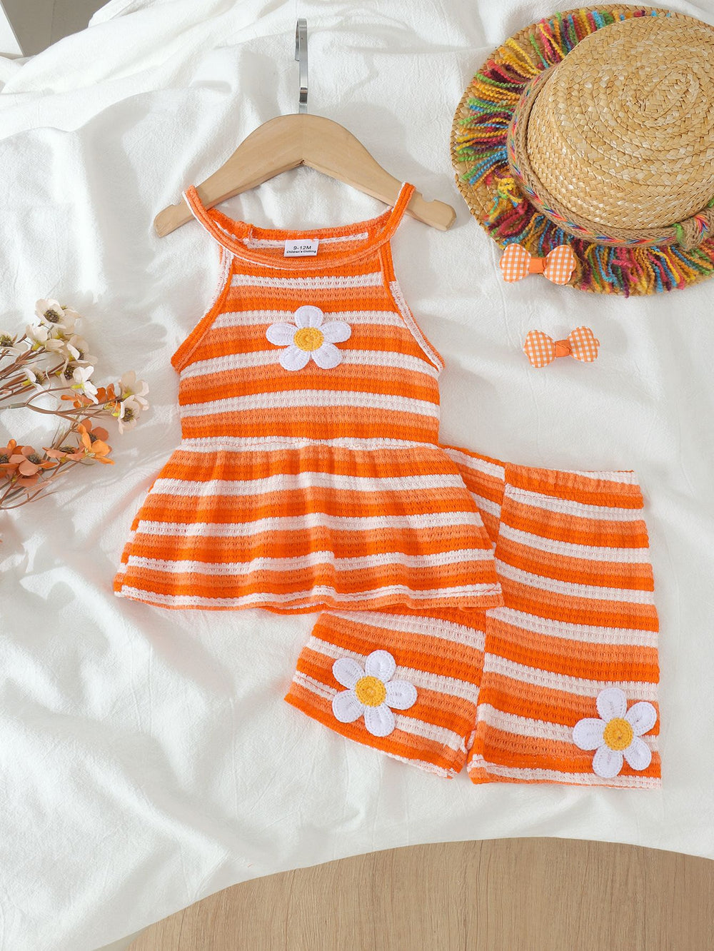 Children's clothing cross-border european and american girls' orange striped suspender tops+shortstwo-piece set
