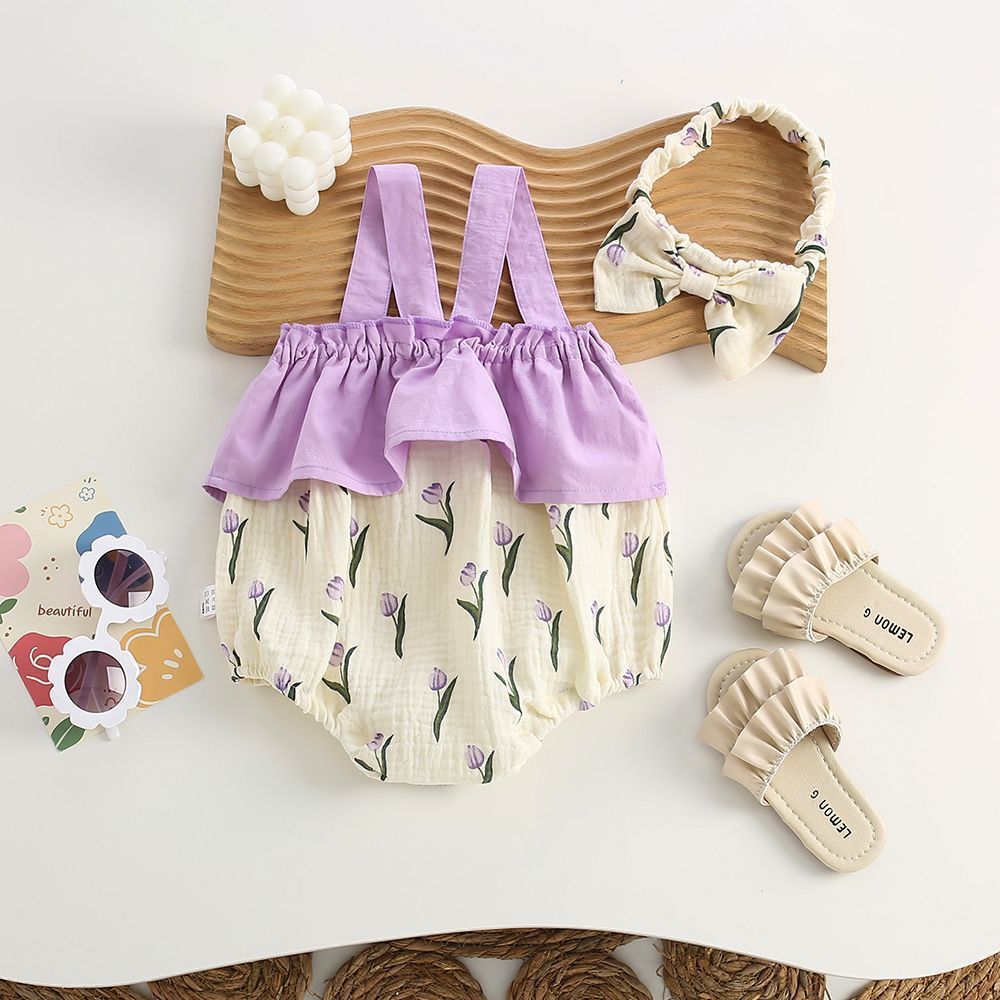 Baby summer romper: stylish tulip print triangle bib overalls for baby girls