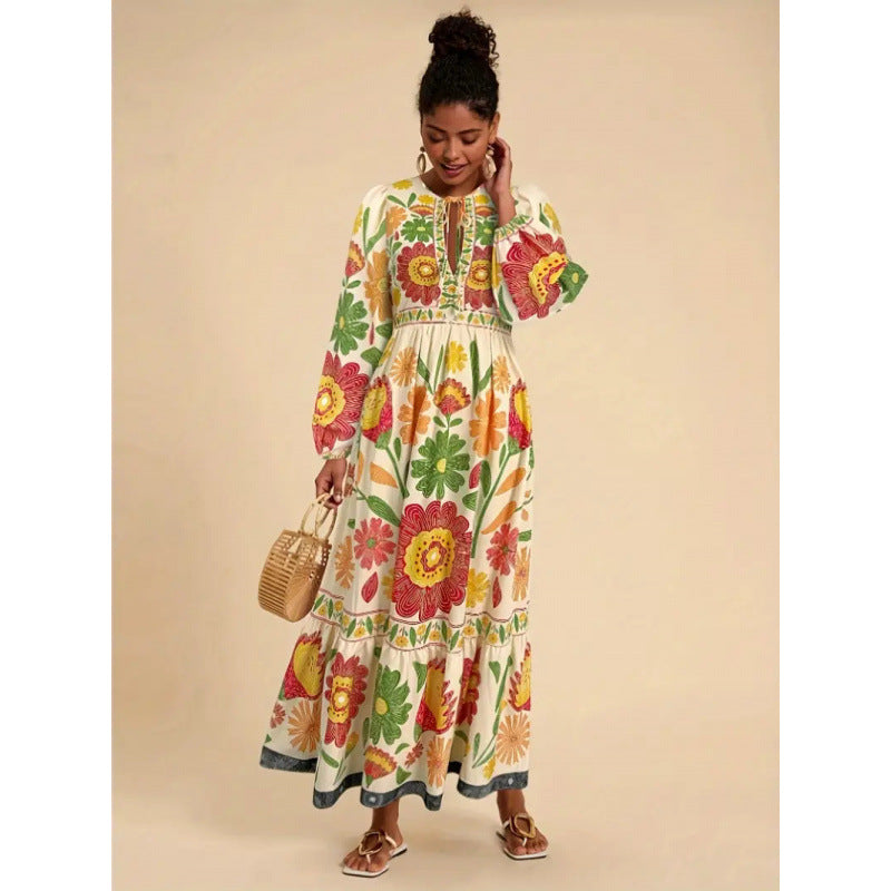 Shipped: cross-border e-commerce, , standalone store, printed maxi dress with long sleeves and tie-waist, casual style