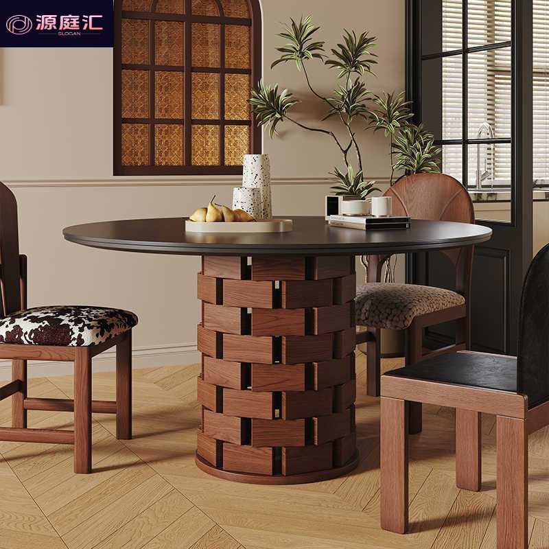Wabi-sabi style solid wood rock slab vintage black creative round dining table, high-end dining table, french retro dining table