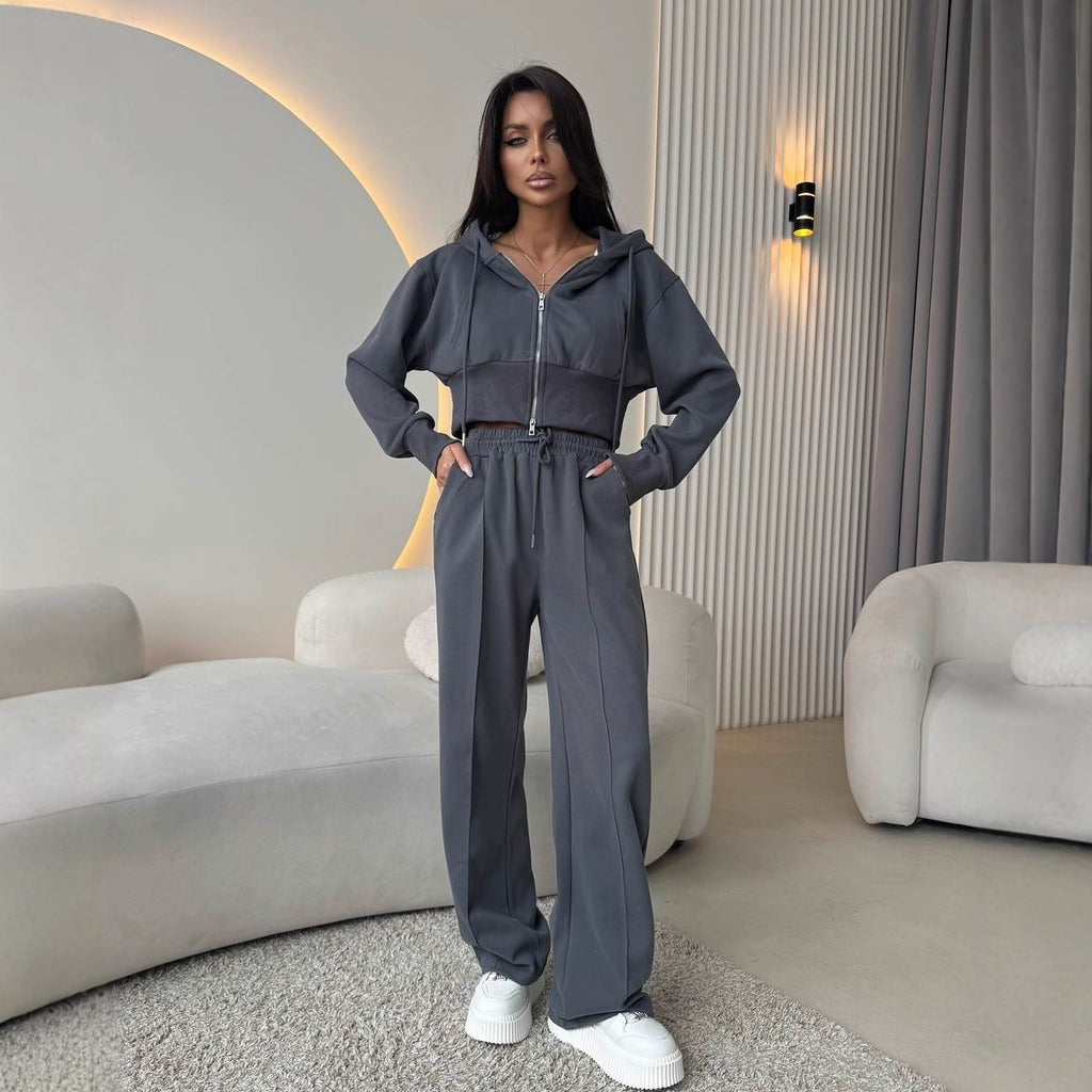 European and American  casual cotton set, long-sleeved zipper cardigan, waist hooded sweater, lace-up wide-leg pants two-piece set