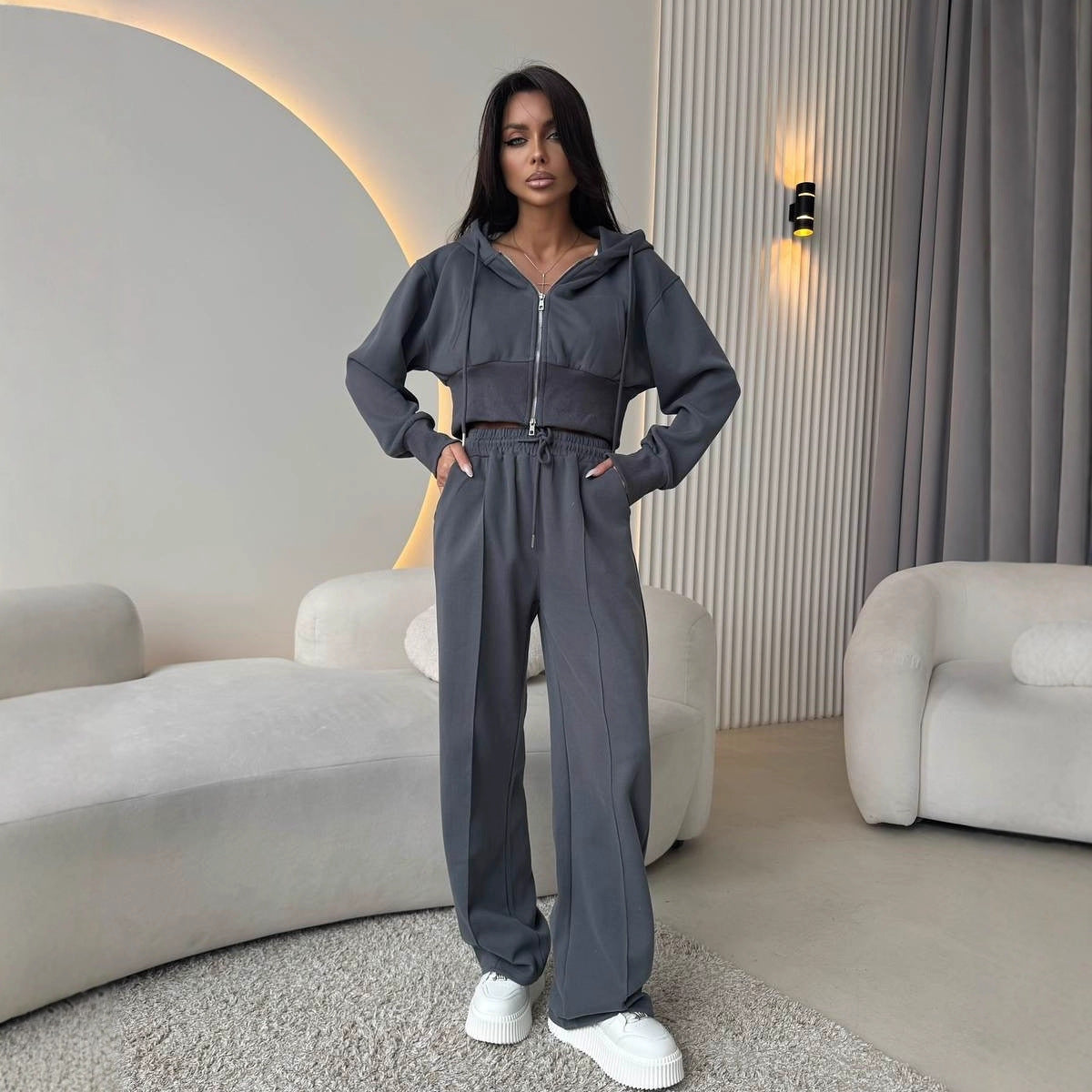 European and American  casual cotton set, long-sleeved zipper cardigan, waist hooded sweater, lace-up wide-leg pants two-piece set