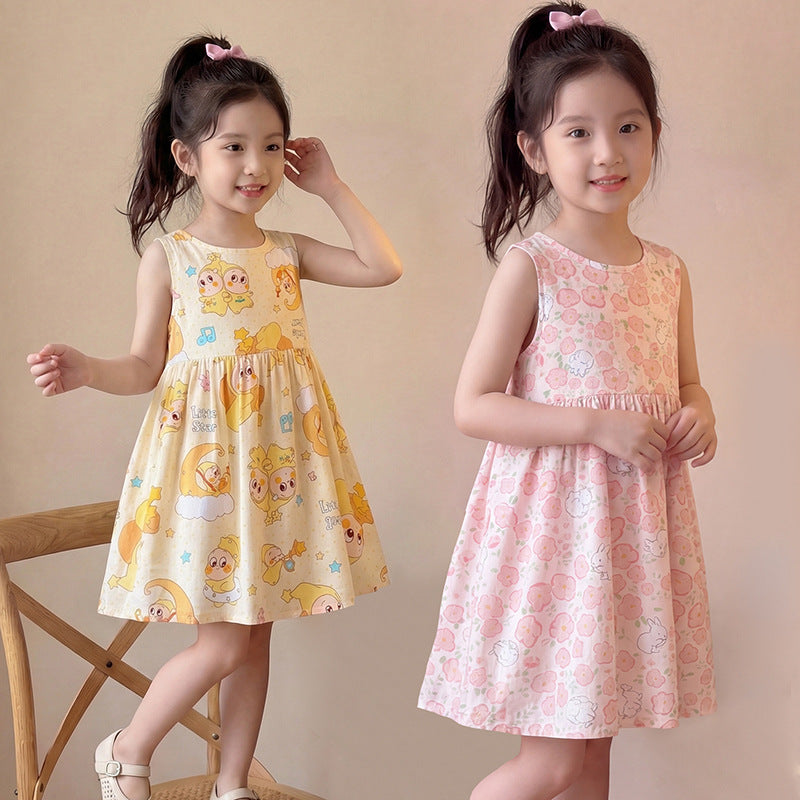 New girls' summer floral cotton silk dress - baby girl casual sweet style princess dress - stylish and trendy children's clothing