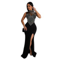 C6913 cross-border   fashion women's solid color mesh rhinestone sleeveless maxi dress