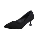 Women's suede black pointed-toe heels - professional ol work shoes, solid color stiletto mid-heel pumps