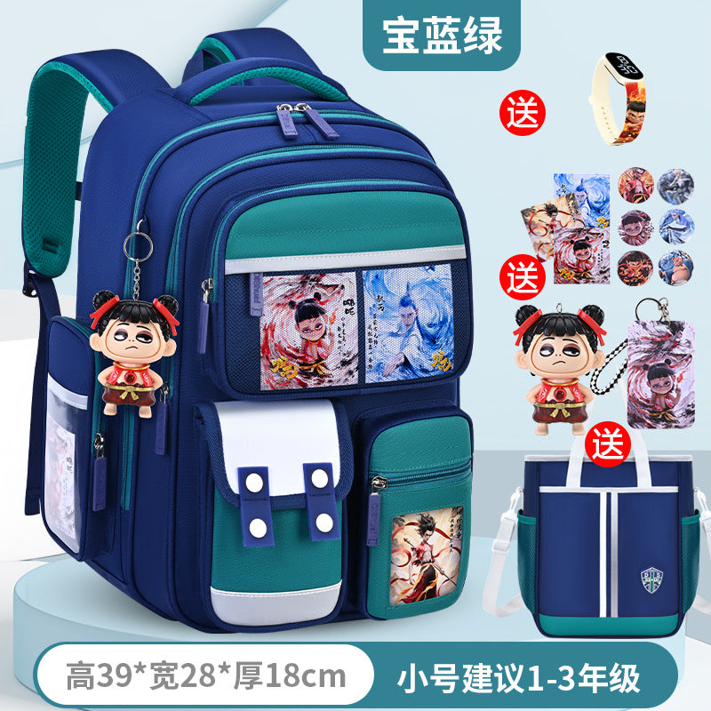 New nezha backpack for boys and girls, grades 1-6: spine protection, lightweight design, and extra-large capacity