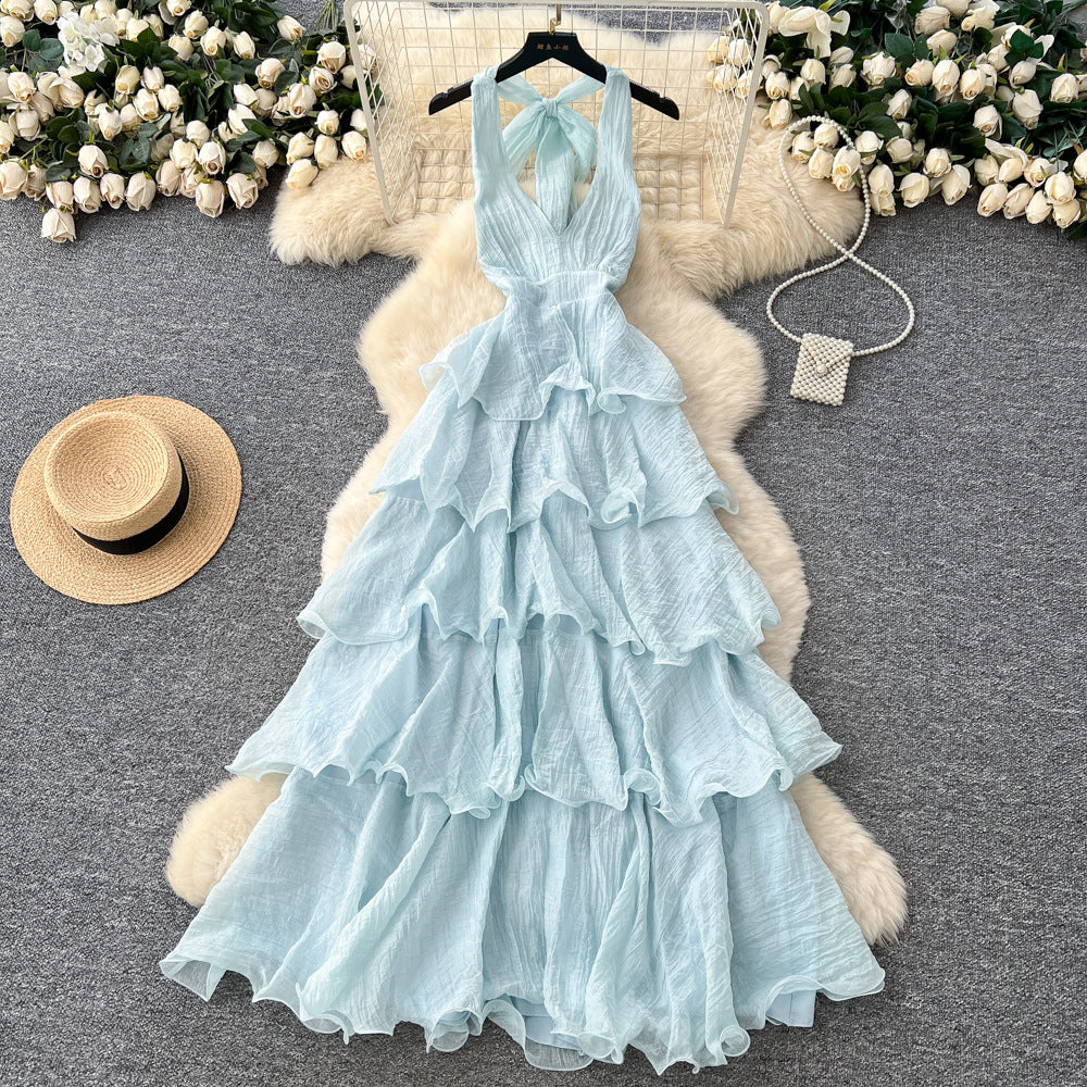Frenchelegant atmosphere deep v neckhalter strap backlessdress women's waist slimming lookruffles suspender skirt