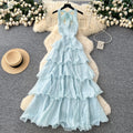 Frenchelegant atmosphere deep v neckhalter strap backlessdress women's waist slimming lookruffles suspender skirt