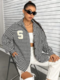 Ready-to-ship 53250# cross-border fashion women's new autumn/winter retro color block houndstooth turn-down collar jacket
