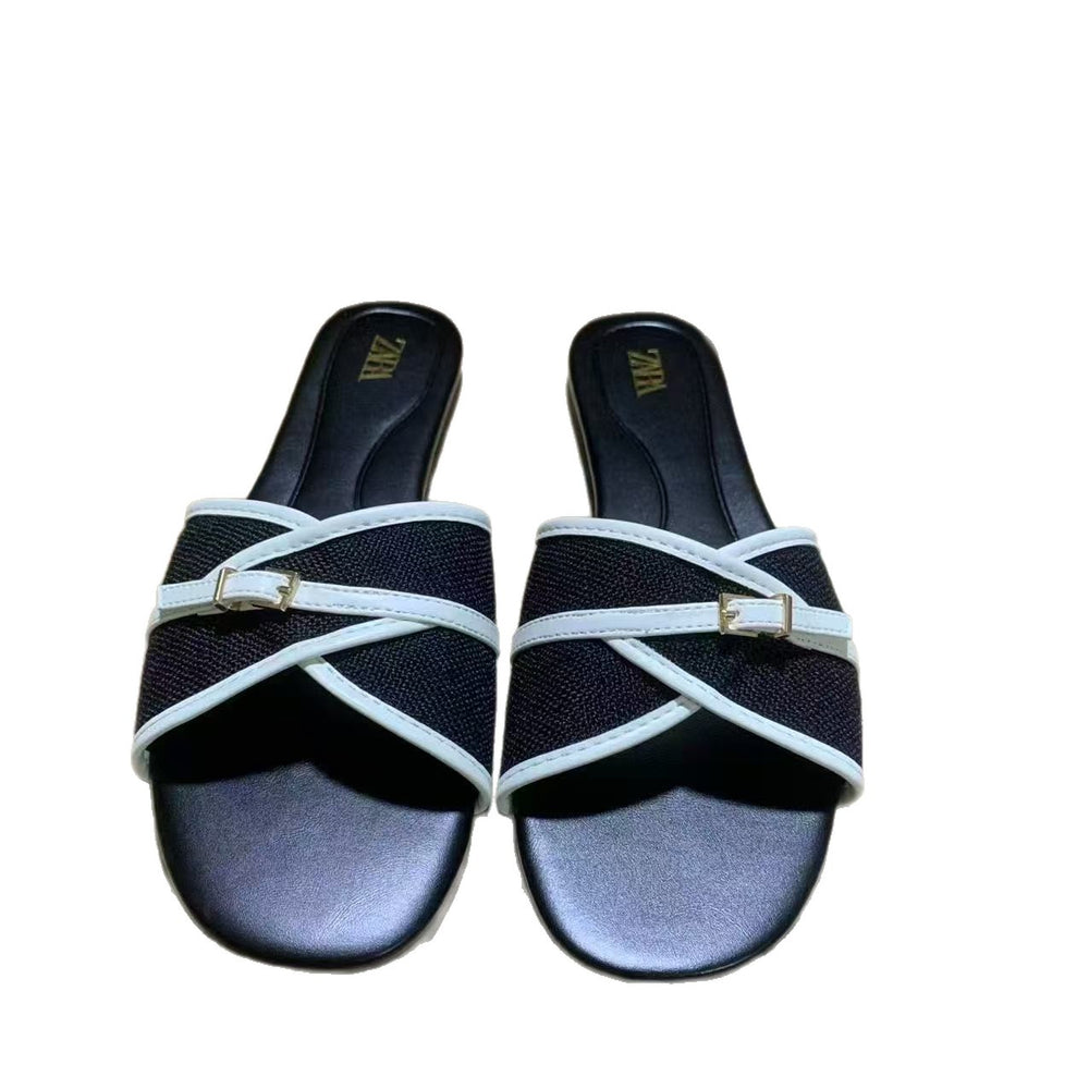 Za2025new arrival shoes new product banquet shoes slippers fashion square toe flats sandals women's shoes cross buckle women's shoes