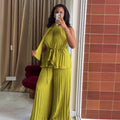 European and american cross-border women's fashion  summer new arrival: elegant halter neck tie-up pleated sleeveless top and wide-leg pants set