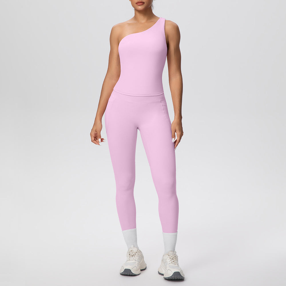 Sexy one-shoulder activewear set: high-waisted, figure-hugging leggings with pockets - perfect for outdoor leisure, running, fitness, and yoga