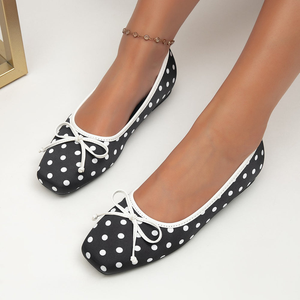 Retro hong kong style hidden heel polka dot square toe flats women's 2026new arrival shallow mouth evening wind bows ballet shoes