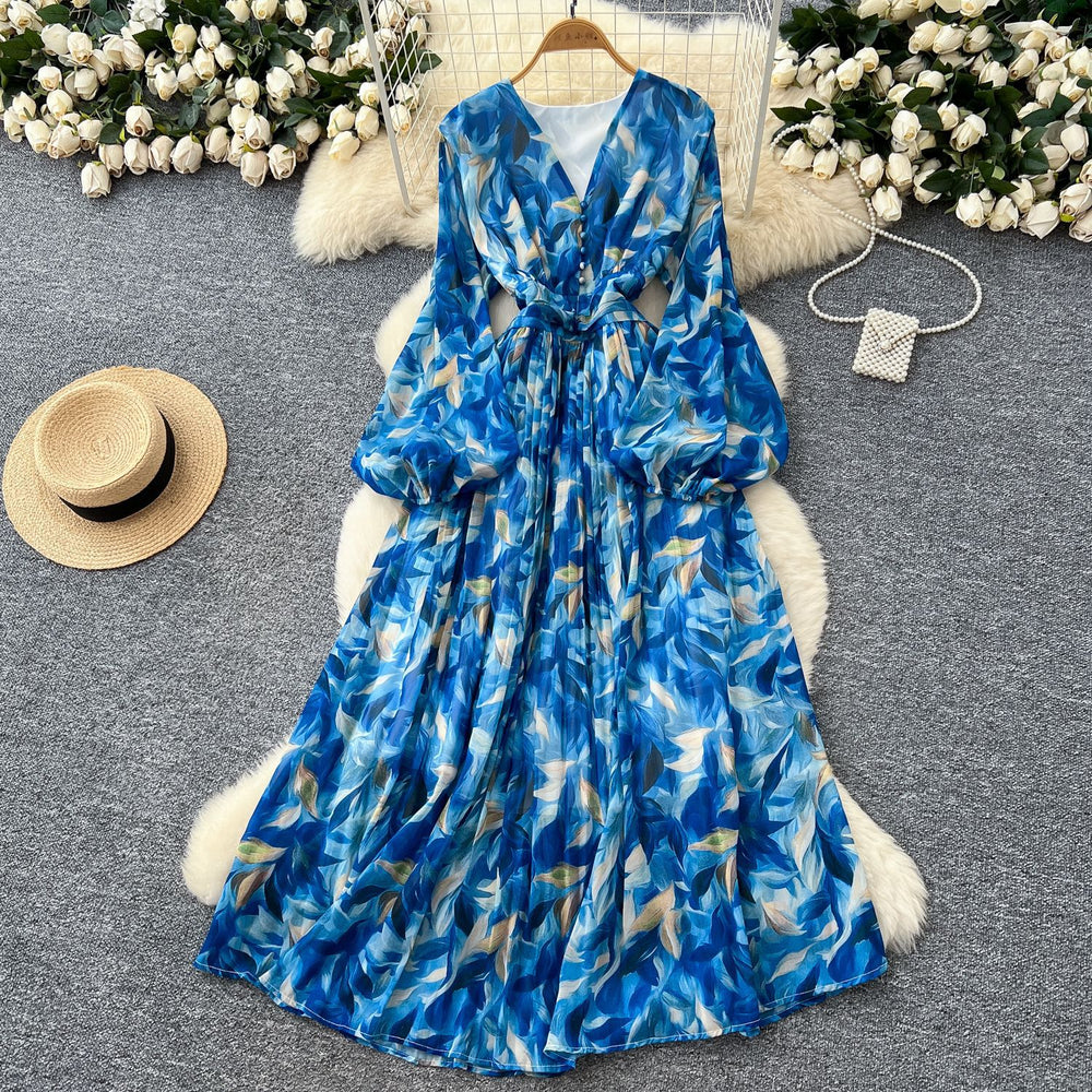 French retro v-neck lantern sleeve cinched waist dress -  new fashionable, elegant, slimming, and chic printed maxi dress