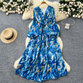 French retro v-neck lantern sleeve cinched waist dress -  new fashionable, elegant, slimming, and chic printed maxi dress