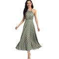 Amazon women's  european and american style spring new solid color sleeveless round neck halter backless printed pleated dress