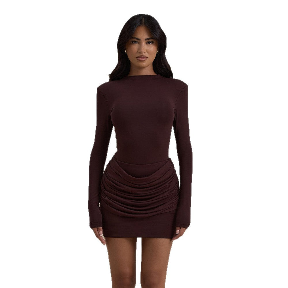 autumn new arrivals: sexy bodycon mini dress - european & american style, solid color, round neck, pleated detail, slim fit, hot girl vibe