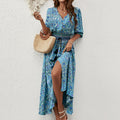 Real shot rayon fixed slotprinting three-quarter sleeve waist bohemiadress travel and vacation buttoned beach dress