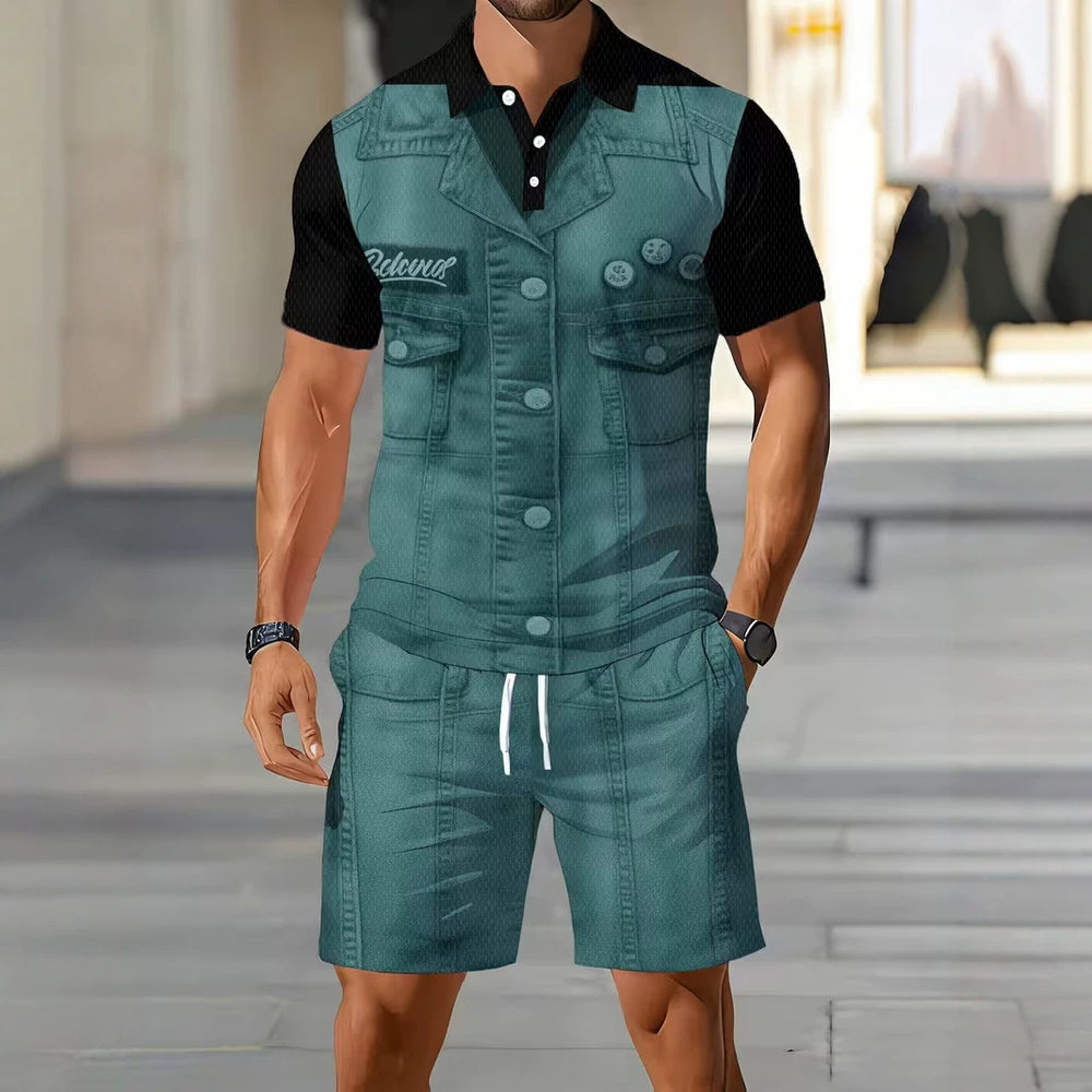 hot-selling men's polo shirt set, new summer two-piece casual short-sleeve and shorts set, dropshipping available