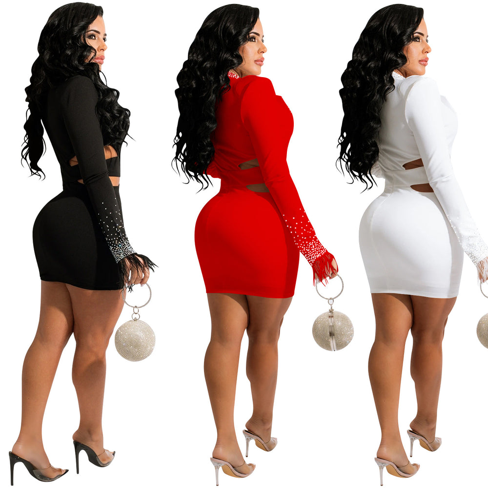 X5510   european and american fashion sexy nightclub rhinestone v-neck turn-down collar hollow-out long sleeve mini dress