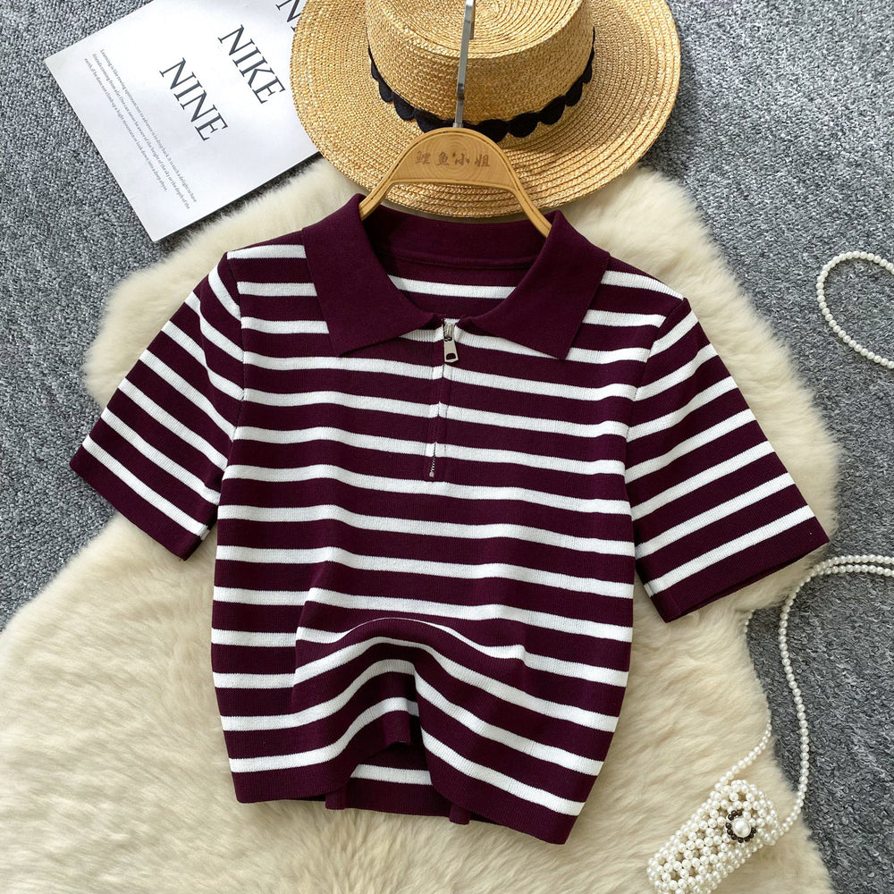 Women's short-sleeve knit top -  summer korean style, trendy color block striped tee, versatile top