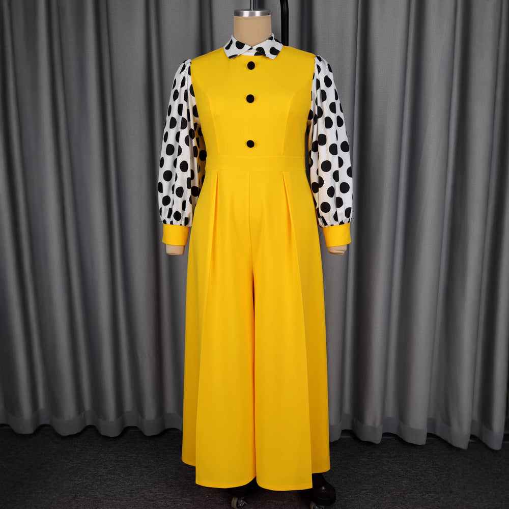 fashion suit lapel jumpsuit silm buttoned polka dot lantern sleeve jumpsuit jumpsuits