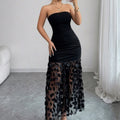 Fashionexport black sexy strapless tube top backless long skirt stereo flower cut outpatchworka-line tutu skirt