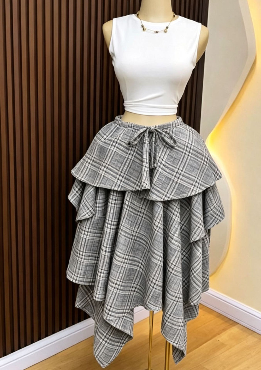 Colorful plaid elastic waistband free sizeasymmetrical hem large hem skirt tie backfashioneasiest for match