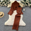 Loosecasual lazy style high collar bat sleeve cable stitchknitting blouse with sleeveless waist vest dress