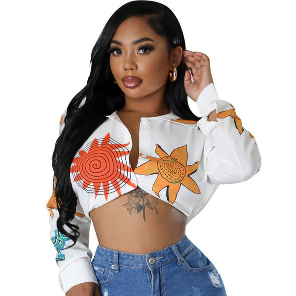 M3204 European and American women's clothing 2023 autumn and winter new printed triangle scarf shawl collar button-up long-sleeved top shirt