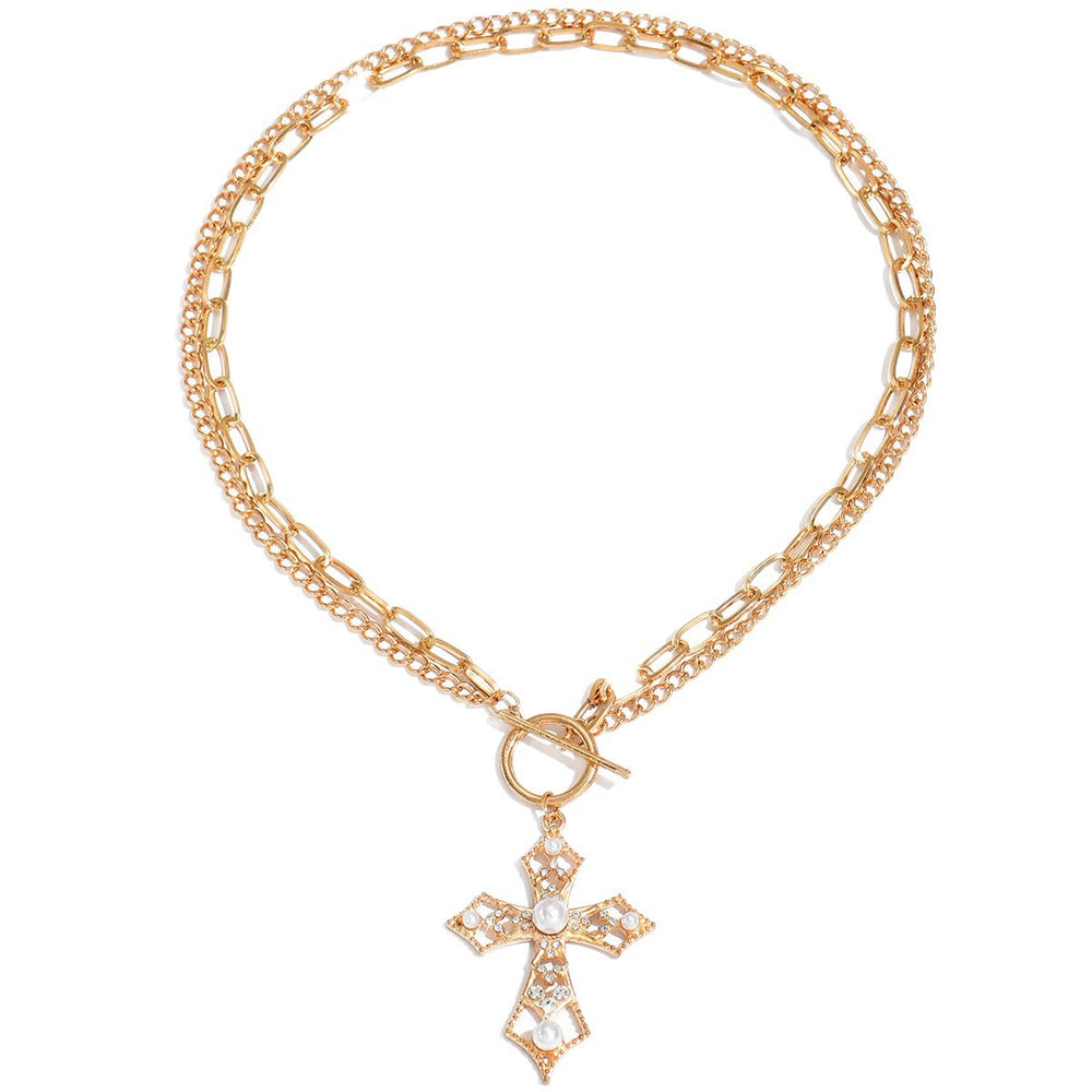 Cross necklace wholesale european and american cross-border autumn and winter jewelry accessories women's diamond-encrusted accessible luxury niche pearl sweater pendant