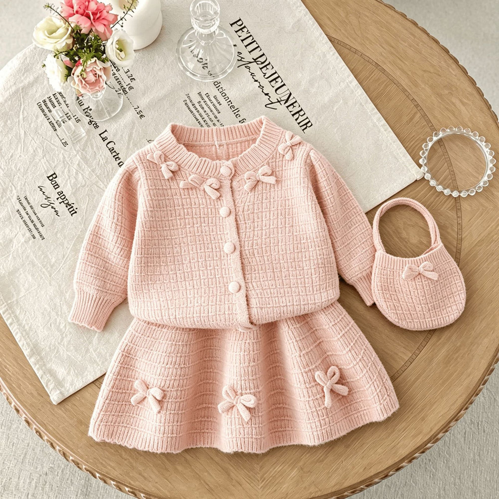 Girls' knit sweater set - new  bow accent color block cardigan top - spring/autumn three-piece sweater outfit