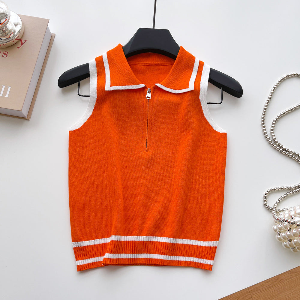 Korean ins summer new arrivalfashioncontrast color lapel knitting shirt vest women's silmslimming lookeasiest for match sleeveless tops