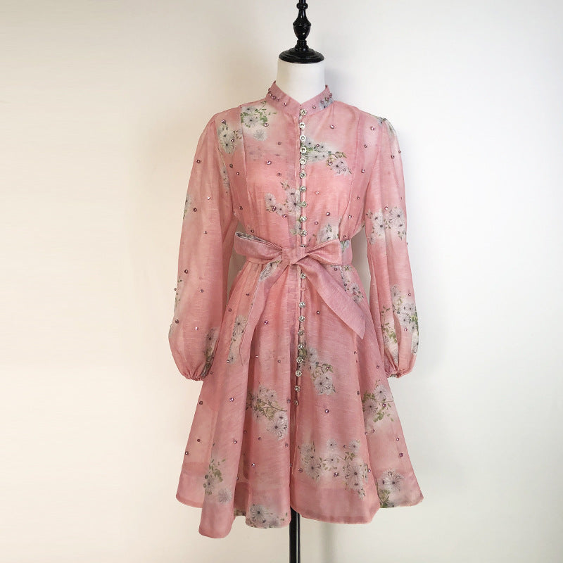 Export palace style spring dress for women new arrival nail diamond button waist printing long sleevesdress + suspender skirt