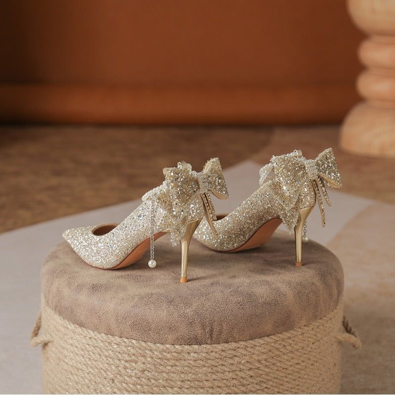 Xiuhe wedding dress bridal crystal sequin coming of age pearl chain bows women's high heels wedding shoes