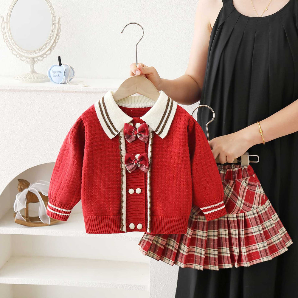 Girls' sweater set - new autumn/winter collection: adorable cartoon lace knit cardigan two-piece outfit for little girls