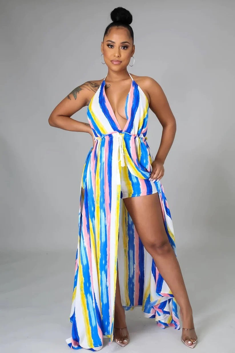 spring european and american cross-border  foreign trade lace-up sexy fashion patterned shorts backless halter two-piece set